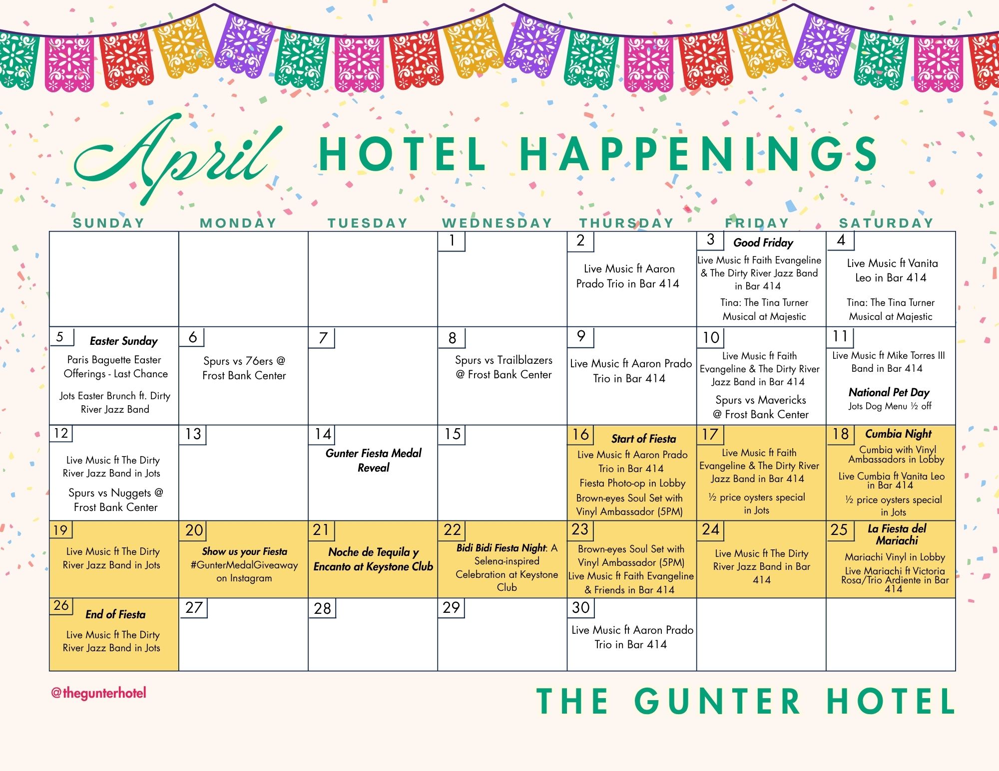 April HOTEL HAPPENINGS calendar at The Gunter Hotel for Fiesta San Antonio
