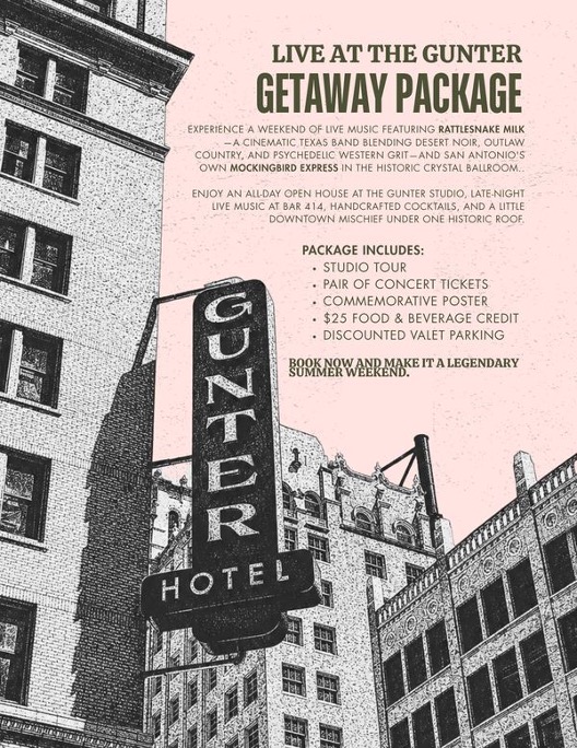Live at The Gunter Getaway Package poster featuring Rattlesnake Milk and Mockingbird Express at the Crystal Ballroom