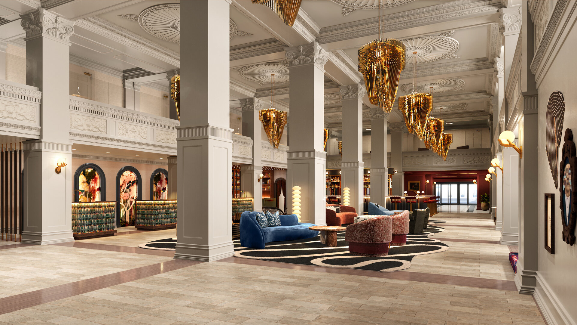 a large lobby with a large chandelier and couches